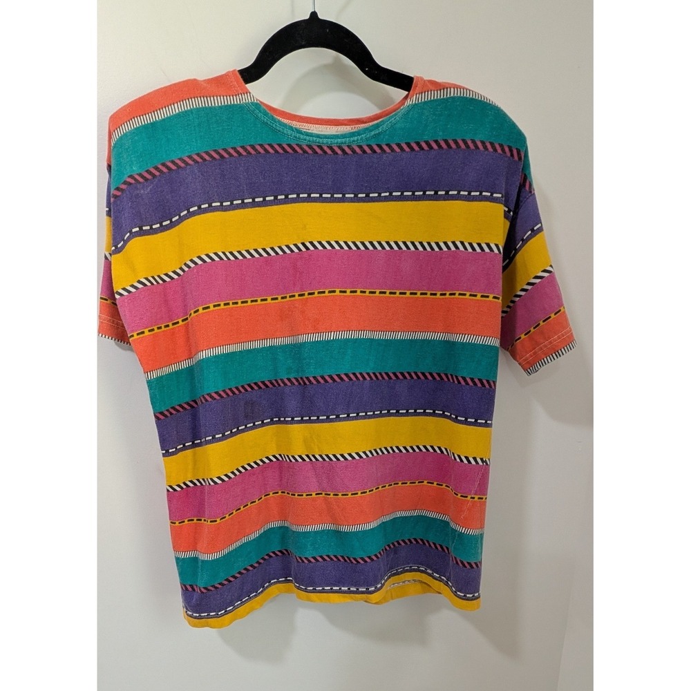 Vintage Womens Striped T-Shirt Multi Color Retro 80s 90s Grunge Short Sleeve med
